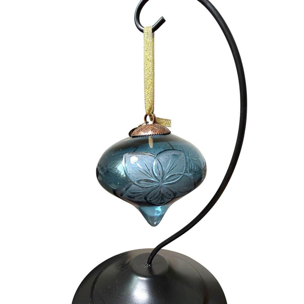 Seasons of Cannon Falls Glass Christmas Ornament Blue Teardrop Flower‎ Etch Bulb